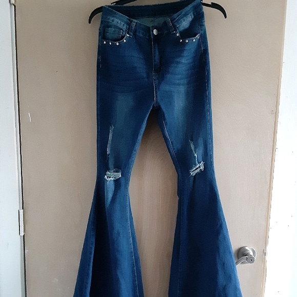 Super Flare High Waisted Fringe Denim Baby Doll Bell Bottoms - Picture 1 of 3
